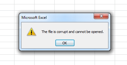 The file is corrupt and cannot be opened in Excel 2010